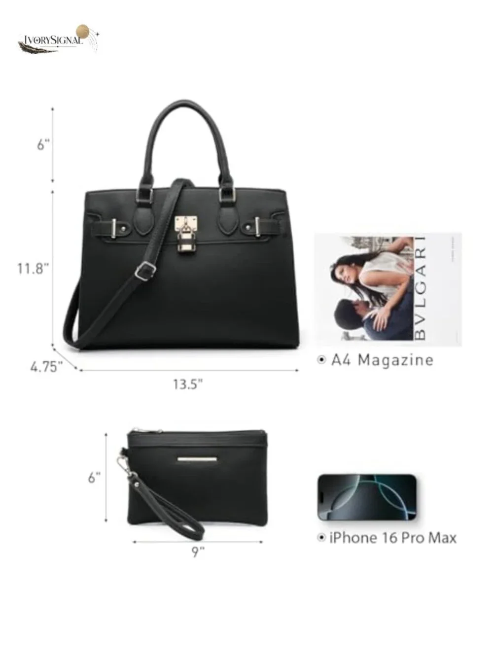 Vegan Leather Satchel Tote with Matching Clutch, Shoulder Bag, Work Bag - Picture 3 of 6